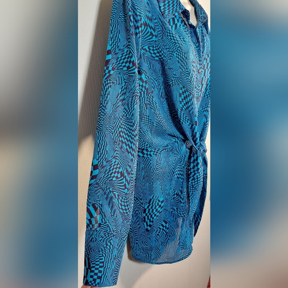 Soi Studio Silky Mini Dress Size Large Blue & Brown Front Tie Button Front Chic - Picture 8 of 15